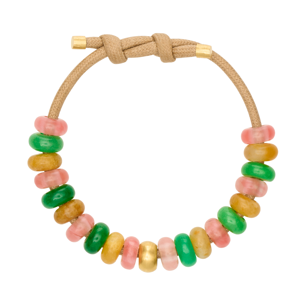 tan string bracelet with assorted beads and gold rondel